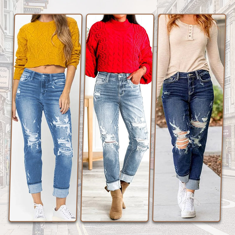 Tummy Control Distressed Cuffed Boyfriend Jeans VIP